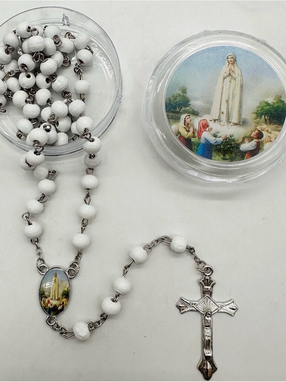 White Rosary Necklace with Crucifix